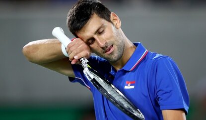 RIO DE JANEIRO, BRAZIL - AUGUST 07: Novak Djokovic of Serbia reacts during his match against Juan Martin Del Potro of Argentina in their singles match on Day 2 of the Rio 2016 Olympic Games at the Olympic Tennis Centre on August 7, 2016 in Rio de Ja...