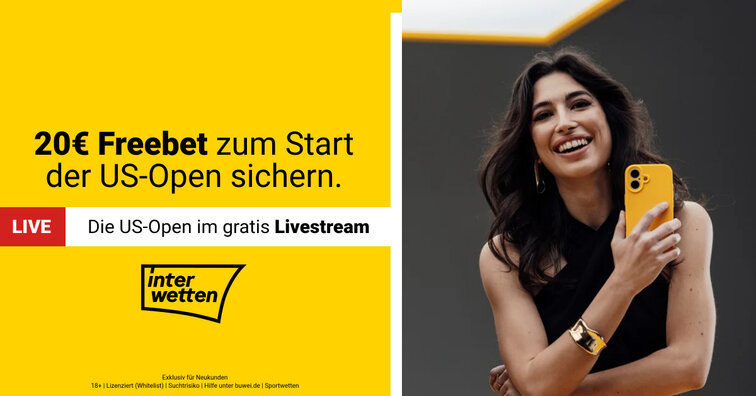 Bei interwetten gibt es für die US Open 2026 20.- Euro Freebet - und die Matches im Livestream 