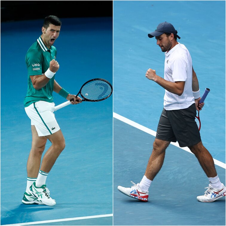 Novak Djokovic and Aslan Karatsev at the Australian Open in Melbourne
