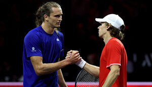 Alexander Zverev und Alex de Minaur nach ihrem Match-Tiebreak beim Laver Cup