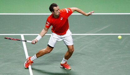 ROTTERDAM, NETHERLANDS - FEBRUARY 09: Philipp Kohlschreiber of Germany in action action against Julien Benneteau of France during day 2 of the ABN AMRO World Tennis Tournament held at Ahoy Rotterdam on February 9, 2016 in Rotterdam, Netherlands. (P...