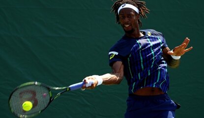 KEY BISCAYNE, FL - MARCH 26: Gael Monfils of France plays a match against Tatsuma Ito of Japan during Day 6 of the Miami Open presented by Itau at Crandon Park Tennis Center on March 26, 2016 in Key Biscayne, Florida. (Photo by Mike Ehrmann/Getty I...