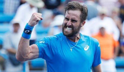 MASON, OH - AUGUST 18: Steve Johnson of the United States reacts after defeating Jo-Wilfried Tsonga of France during round three play on Day 6 of the Western & Southern Open at the Lindner Family Tennis Center on August 18, 2016 in Mason, Ohio. Johns...