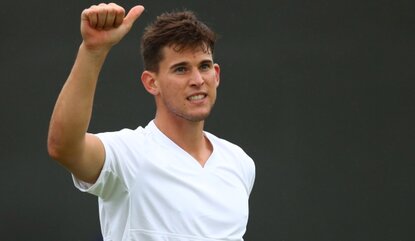 LONDON, ENGLAND - JUNE 29: Dominic Thiem of Austria celebrates victory during the Men's Singles first round match against Florian Mayer of Germany on day three of the Wimbledon Lawn Tennis Championships at the All England Lawn Tennis and Croquet Clu...