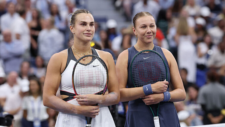 Aryna Sabalenka und Amanda Anisimova beim Endspiel der US Open im letzten September. Aryna Sabalenka und Amanda Anisimova beim Endspiel der US Open im letzten September.