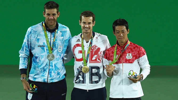 Das olympische Treppchen 2016: Juan Martin del Potro (Silber), Andy Murray (Gold), Kei Nishikori (Bronze)