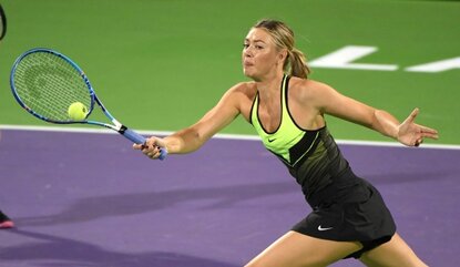 LAS VEGAS, NV - OCTOBER 10: Tennis player Maria Sharapova competes in the World TeamTennis Smash Hits charity tennis event benefiting the Elton John AIDS Foundation at Caesars Palace on October 10, 2016 in Las Vegas, Nevada. (Photo by Ethan Miller/...
