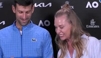 Small gifts get the friendship - Novak Djokovic and Babsi Schett on Wednesday in Melbourne