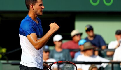 KEY BISCAYNE, FL - MARCH 29: Dominic Thiem of Austria plays a match against Novak Djokovic of Serbia during Day 9 of the Miami Open presented by Itau at Crandon Park Tennis Center on March 29, 2016 in Key Biscayne, Florida. (Photo by Mike Ehrmann/G...