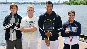 Andrey Rublev, Alejandro Davidovich-Fokina, Felix Auger-Aliassime und Sebastian Baez beim Media Day in Hamburg