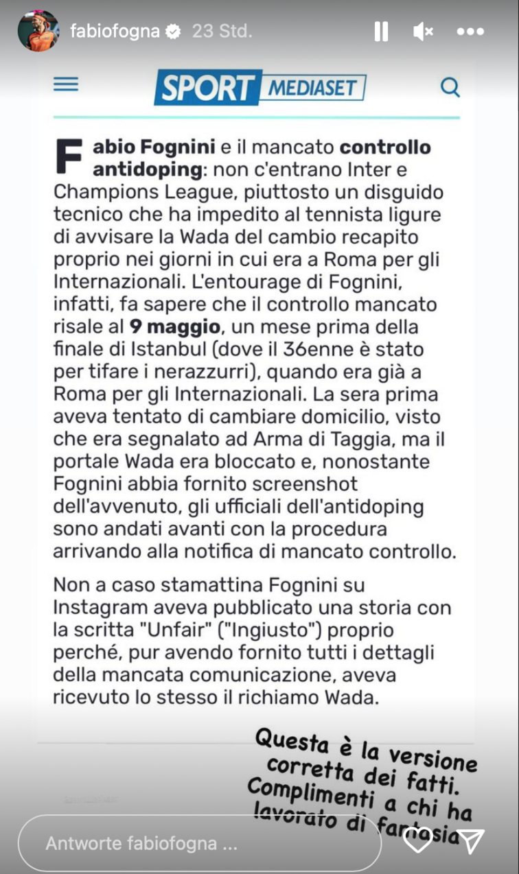 Instagram-Story von Fabio Fognini