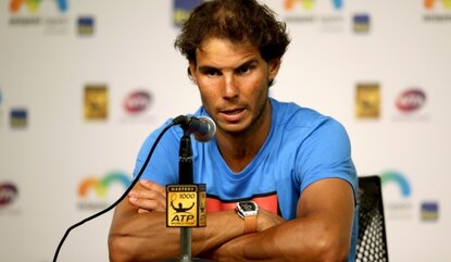 KEY BISCAYNE, FL - MARCH 26: Rafael Nadal of Spain fields questions from the media after retiring from his match against Damir Dzumhur of Bosnia and Herzegovina after feeling dizzy during the Miami Open presented by Itau at Crandon Park Tennis Cente...