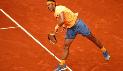 MADRID, SPAIN - MAY 07: Rafael Nadal of Spain serves against Andy Murray of Great Britain in their semi final match during day eight of the Mutua Madrid Open tennis tournament at the Caja Magica on May 07, 2016 in Madrid,Spain. (Photo by Clive Bru...