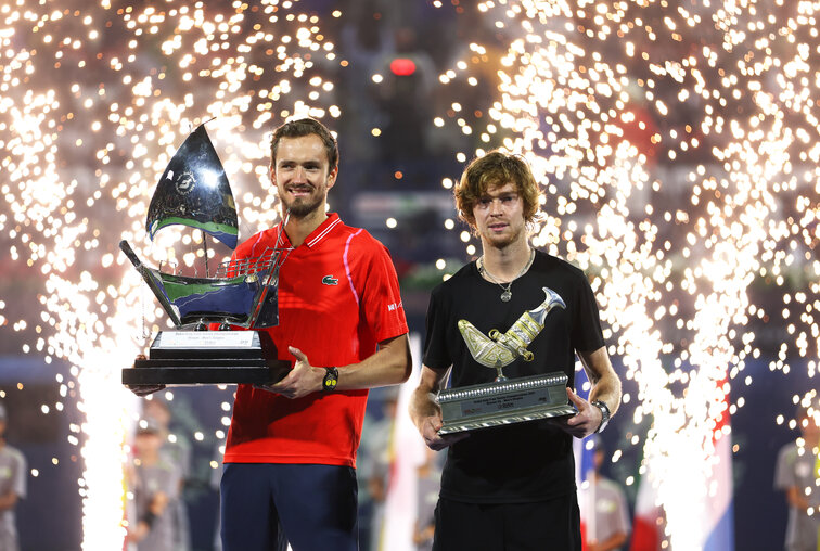 Daniil Medvedev has brought Andrey Rublev to his knees in the Dubai final