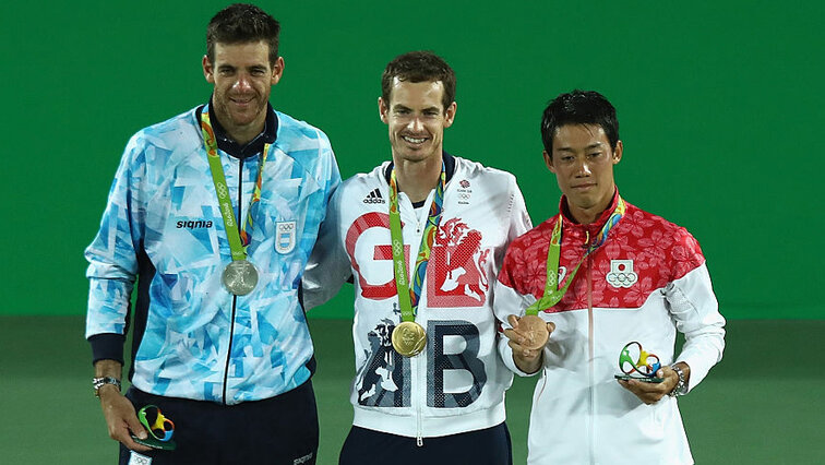 Die Medaillengewinner in Rio 2016: Juan Martin del Potro, Champion Andy Murray und Kei Nishikori Die Medaillengewinner in Rio 2016: Juan Martin del Potro, Champion Andy Murray und Kei Nishikori