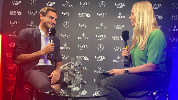 Roger Federer and Barbara Schett during an interview in London