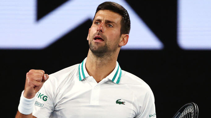 Novak Djokovic in his usual pose in Melbourne