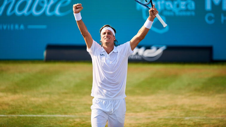 Feliciano Lopez celebrates his win against Max Purcell