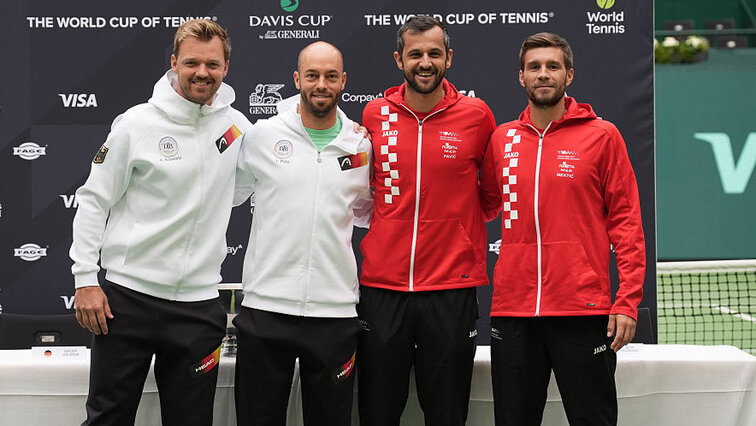 Vier Doppel-Legenden, die heute um einen Davis-Cup-Punkt spielen: Kevin Krawietz, Tim Pütz, Mate Pavic und Nikola Mektic