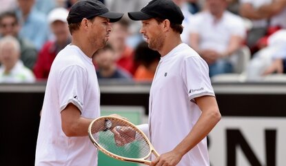 ROME, ITALY - MAY 13: Bob and Mike Bryan of the United States react during their Doubles match against Jamie Murray of Great Britain and Bruno Soares of Brazil on Day Six of The Internazionali BNL d'Italia 2016 on May 13, 2016 in Rome, Italy. (Phot...