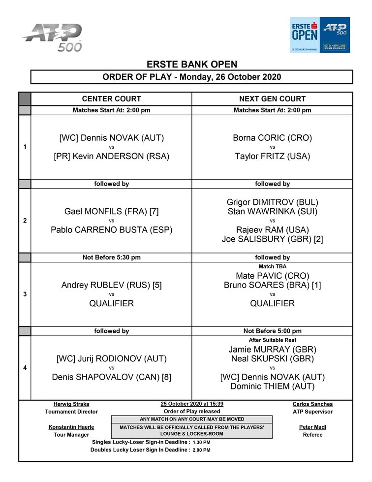 Der Spielplan der Erste Bank Open am Montag