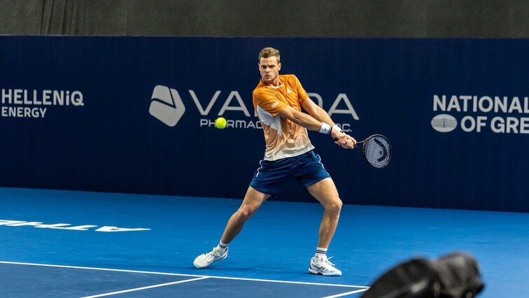 Yannick Hanfmann bei seinem Achtelfinal-Erfolg in Athen gegen den Tschechen Vit Kopriva. Vanda Pharmaceuticals Hellenic Championship