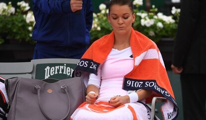 PARIS, FRANCE - MAY 31: Agnieszka Radwanska of Poland reacts during the Ladies Singles fourth round match against Tsvetana Pironkova of Bulgaria on day ten of the 2016 French Open at Roland Garros on May 31, 2016 in Paris, France. (Photo by Dennis ...