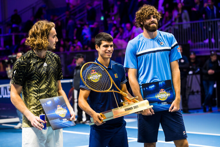 Stefanos Tsitsipas, Carlos Alcaraz und Reilly Opelka am Freitagabend