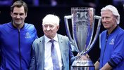 Drei Legenden, ein Pokal: Roger Federer, Rod Laver, Björn Borg