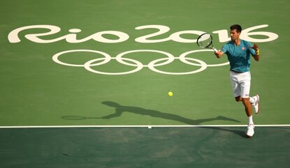 RIO DE JANEIRO, BRAZIL - AUGUST 02:  Novak Djokovic of Serbia plays a forehand during a practice session ahead of the Rio 2016 Olympic Games at the Olympic Tennis Centre on August 2, 2016 in Rio de Janeiro, Brazil.  (Photo by Clive Brunskill/Getty Im...