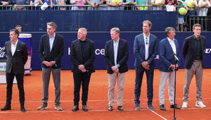 Carl-Uwe Steeb, Michael Stich, Boris Becker, Eric Jene, Marc-Kevin Goellner, Bernd Karbacher und Patrik Kühnen am Samstag in München