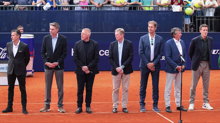 Carl-Uwe Steeb, Michael Stich, Boris Becker, Eric Jene, Marc-Kevin Goellner, Bernd Karbacher und Patrik Kühnen am Samstag in München