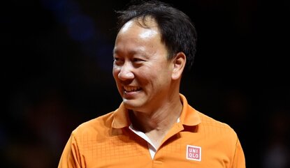 STUTTGART, GERMANY - APRIL 18: Michael Chang reacts during a show match during Day 1 of the Porsche Tennis Grand Prix at Porsche-Arena on April 18, 2016 in Stuttgart, Germany. (Photo by Dennis Grombkowski/Bongarts/Getty Images)