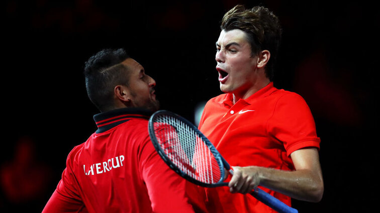 Nick Kyrgios and Taylor Fritz starting at the 2023 UTS event in Los Angeles.