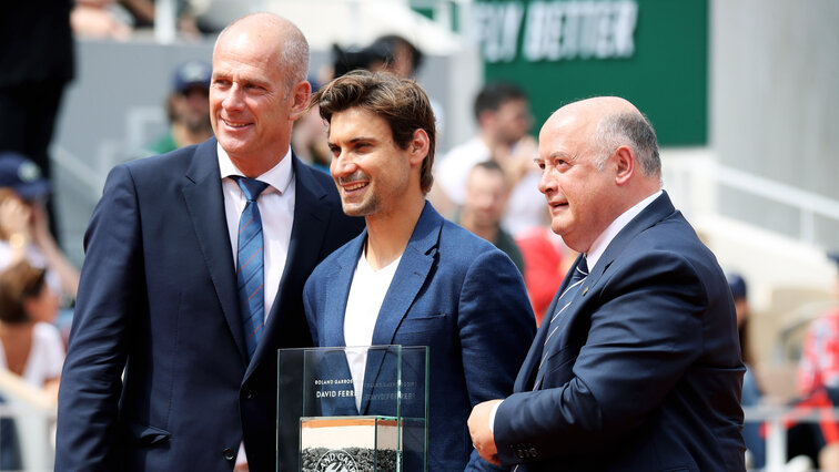 Guy Forget mit David Ferrer und Bernard Giudicelli 2019 in Paris 