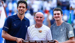 Marcelo Melo, Andre Agassi und Joao Fonseca am Sonntag in Rio de Janeiro