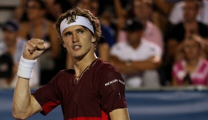 WASHINGTON, DC - JULY 21: Alexander Zverev of Germany celebrates after defeating Malek Jaziri of Tunisia 6-2, 5-7, 6-2 during day 4 of the Citi Open at Rock Creek Tennis Center on July 21, 2016 in Washington, DC. (Photo by Matt Hazlett/Getty Images)