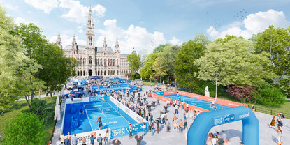 Der Wiener Rathausplatz bietet sich für Tennis-Aktivitäten geradezu an Der Wiener Rathausplatz bietet sich für Tennis-Aktivitäten geradezu an