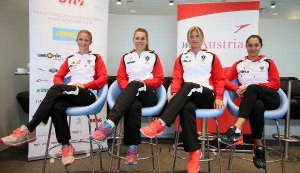 SCHWECHAT,AUSTRIA,10.APR.16 - TENNIS - OETV, preview Fed Cup 2016 Kairo, press conference. Image shows Barbara Haas, Julia Grabher, Sandra Klemenschits and Tamira Paszek (AUT). Photo: GEPA pictures/ Mario Kneisl