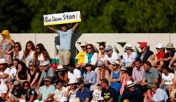 PARIS, FRANCE - JUNE 07: A fan holds up a sign showing support for Stanislas Wawrinka of Switzerland during his Men's Singles Final against Novak Djokovic of Serbia on day fifteen of the 2015 French Open at Roland Garros on June 7, 2015 in Paris, Fra...