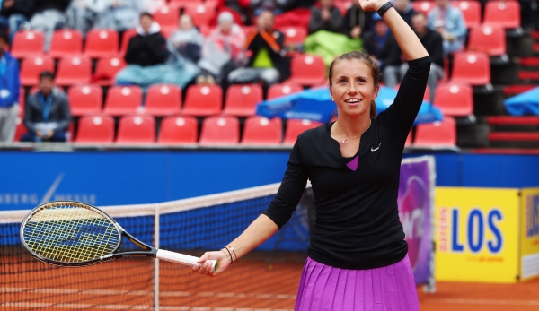 NUREMBERG, GERMANY - MAY 16: Annika Beck of Germany celebrates after defeating Teliana Pereira of Brazil during Day Three of the Nuernberger Versicherungscup 2016 on May 16, 2016 in Nuremberg, Germany. (Photo by Alex Grimm/Bongarts/Getty Images)