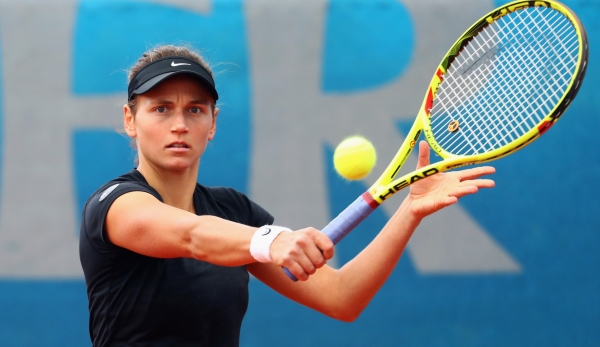 NUREMBERG, GERMANY - MAY 15: Stephanie Vogt of Liechtenstein returns the ball to Tereza Martincova of Czech Republic during Day Two of the Nuernberger Versicherungscup 2016 on May 15, 2016 in Nuremberg, Germany. (Photo by Alex Grimm/Bongarts/Getty ...