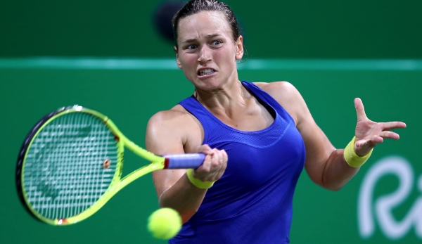 RIO DE JANEIRO, BRAZIL - AUGUST 07: Stephanie Vogt of Liechtenstein plays a forehand against Johanna Konta of Great Britain in their singles match on Day 2 of the Rio 2016 Olympic Games at the Olympic Tennis Centre on August 7, 2016 in Rio de Janeiro...