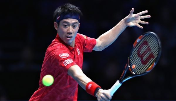 LONDON, ENGLAND - NOVEMBER 19: Kei Nishikori of Japan hits a backhand shot during his men's singles semi final against Novak Djokovic of Serbia on day seven of the ATP World Tour Finals at O2 Arena on November 19, 2016 in London, England. (Photo by...