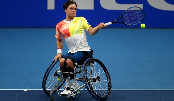 LONDON, ENGLAND - DECEMBER 03: Gordon Reid of Great Britain in action during his mens semi final match against Stephane Houdet of France on Day 4 of the NEC Wheelchair Tennis Masters at Queen Elizabeth Olympic Park on December 03, 2016 in London, Eng...
