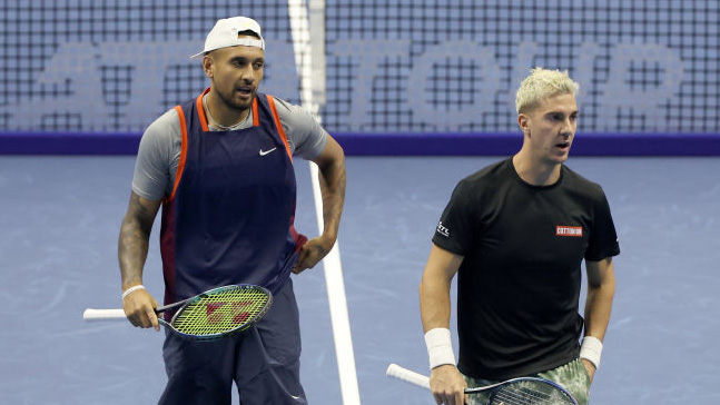 Nick Kyrgios and Thanasi Kokkibakis in Turin on Monday